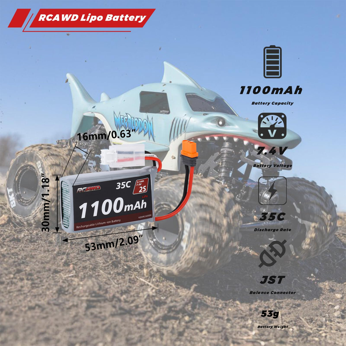 Battery dimensions 53x30x16mm fit compact layouts in tight chassis.