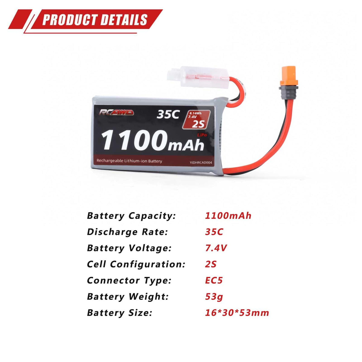 RCAWD high-capacity LiPo energy for longer rides on the track.