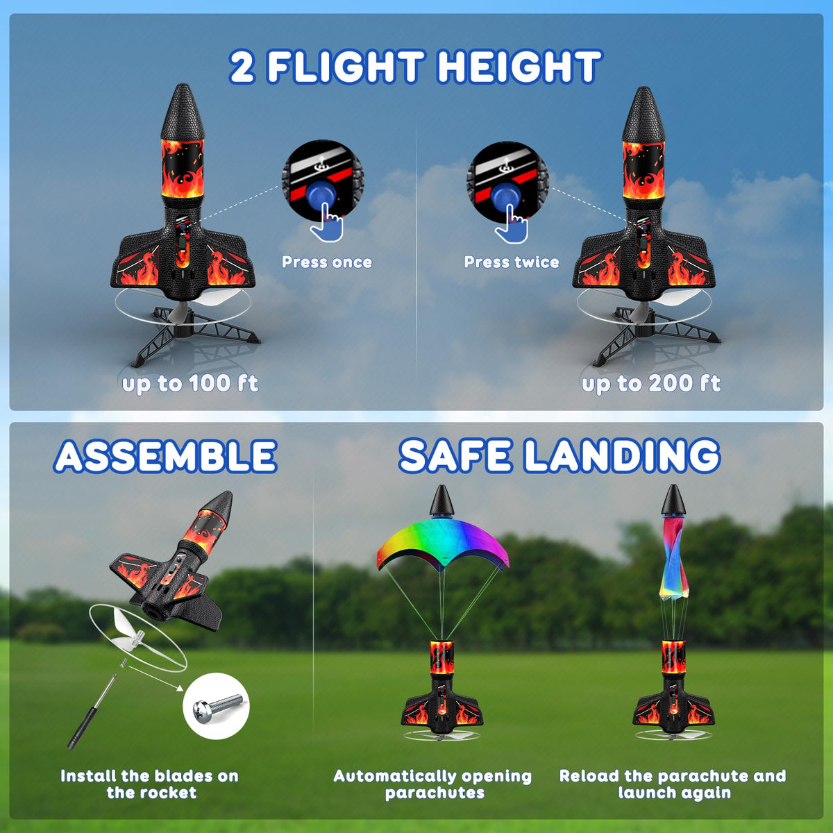 Rceico rocket with night lights flying at dusk for night launches.