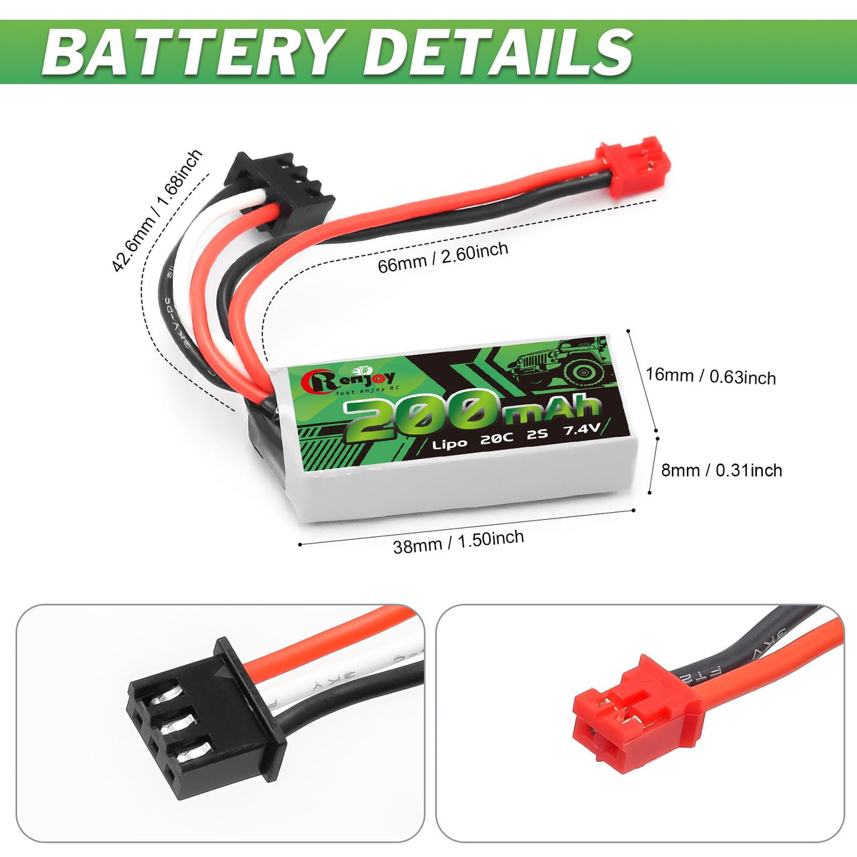 RCenjoy compact 38x16x8mm battery demonstrates slim profile for balanced handling