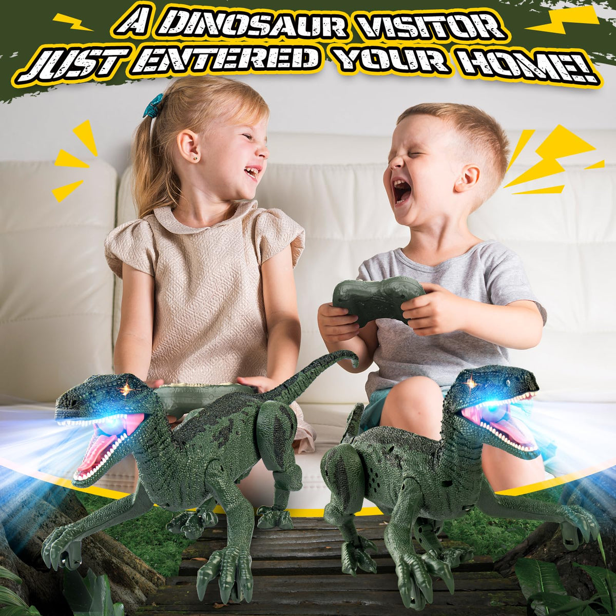 Rcfunkid remote-control dinosaur kicks off cooperative play sessions.
