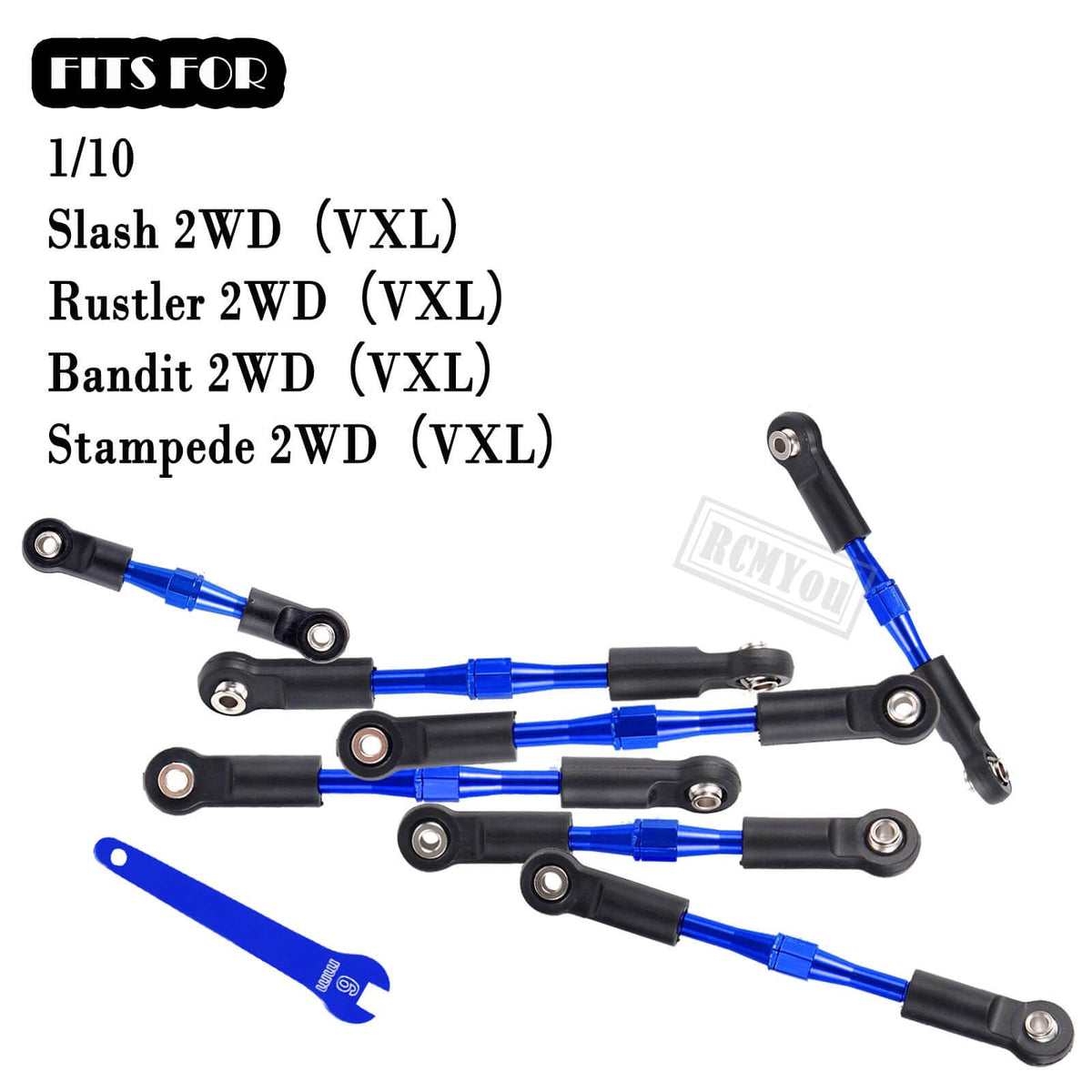 RCMYOU CNC-machined camber links in navy blue for durability.
