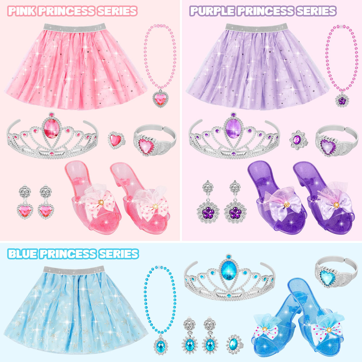 Rcovasc glittery skirts with snowflakes and stars for imaginative play.