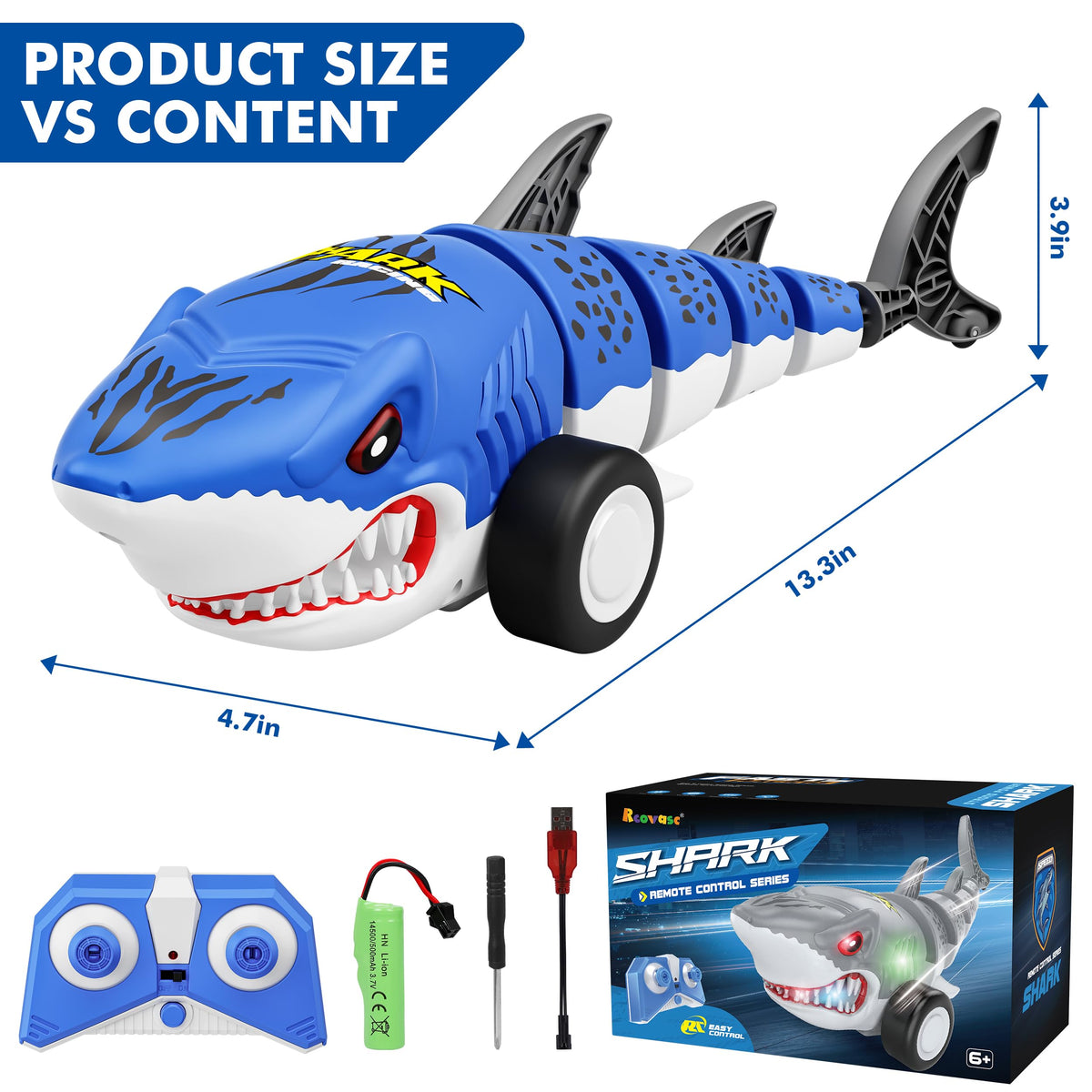 Rcovasc gift-ready shark car ready for indoor and outdoor play.
