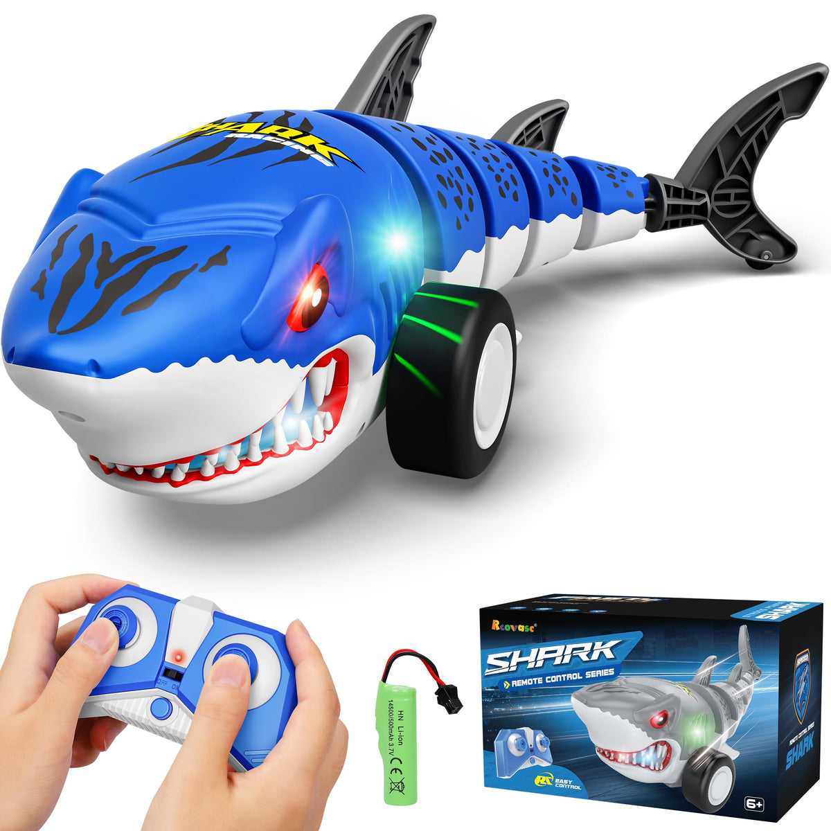 Rcovasc remote shark car lights up for dramatic dark-room play and exploration.