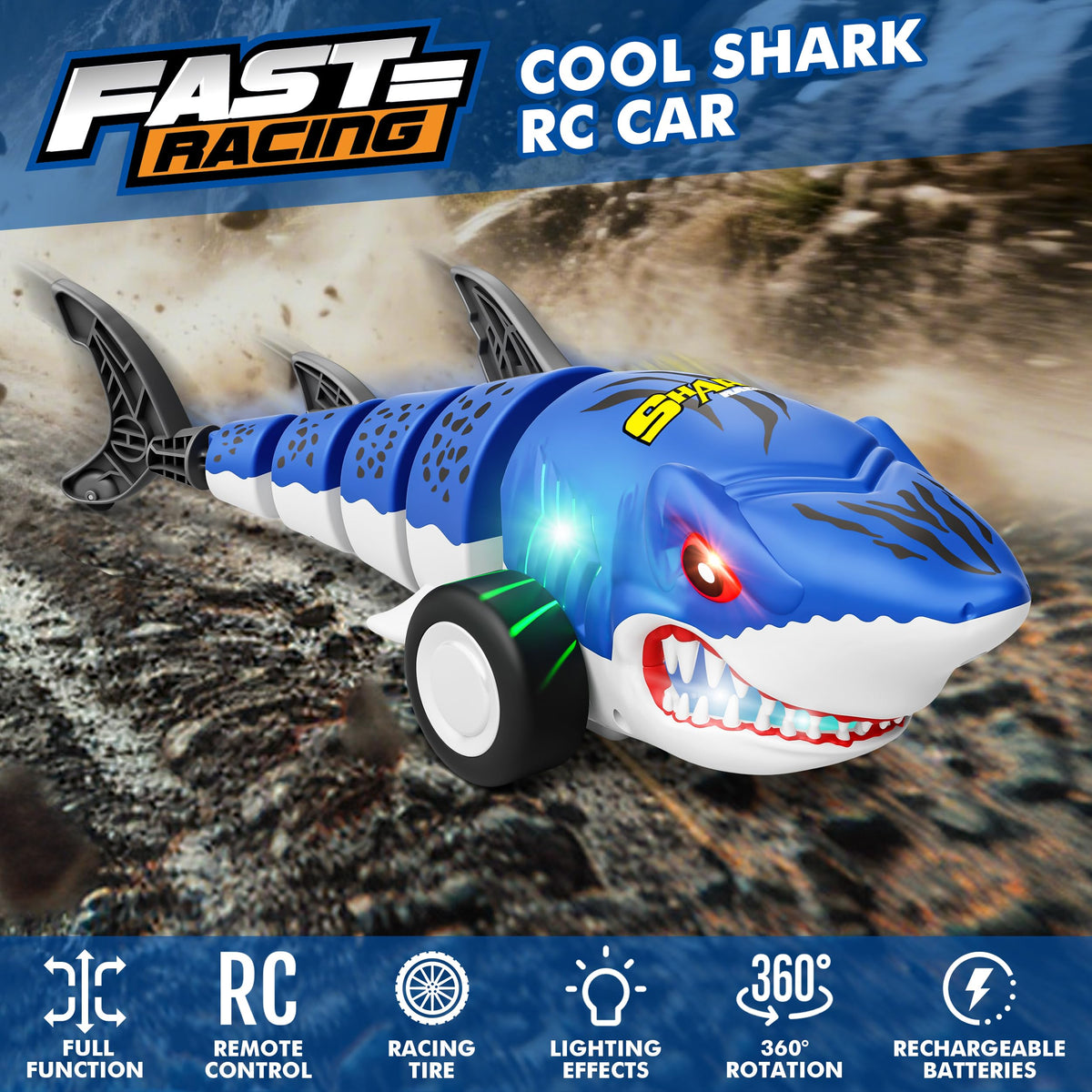 Rcovasc shark car off-road tires conquer indoor floors and outdoor surfaces.