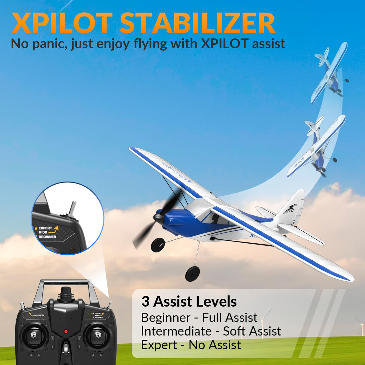 RCSHOBBY RC plane left-side view showing compact transmitter and control range
