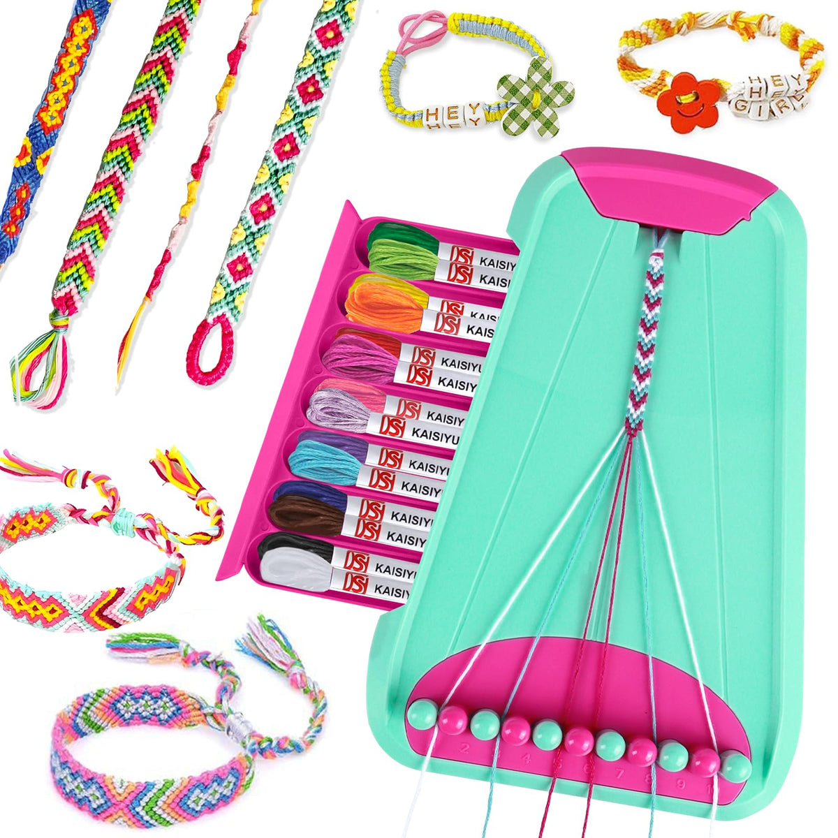 Rdfmy friendship bracelet kit contents close-up with colorful threads for creative projects.