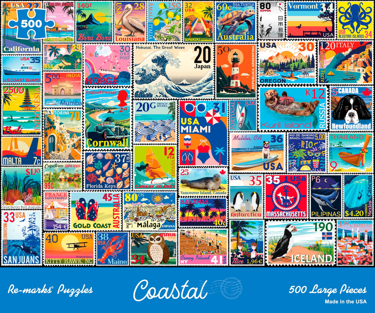 Re-Marks coastal stamp collage puzzle with vintage stamps for a relaxing seaside pastime.