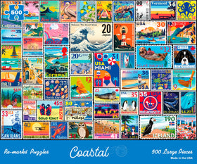 Re-Marks coastal stamp collage puzzle with vintage stamps for a relaxing seaside pastime.