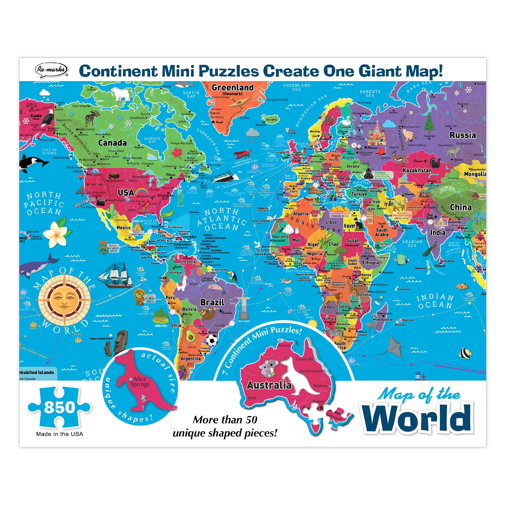 Re-Marks Map of The World Deluxe Jigsaw Puzzle with Whimsy Pieces – 85 ...