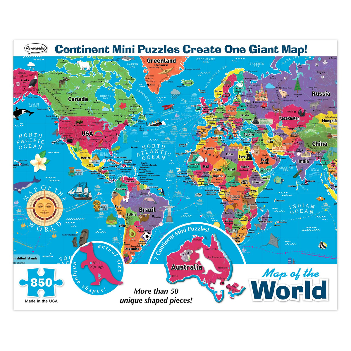 Re-Marks Map World Deluxe puzzle box featuring a vibrant world map for family fun