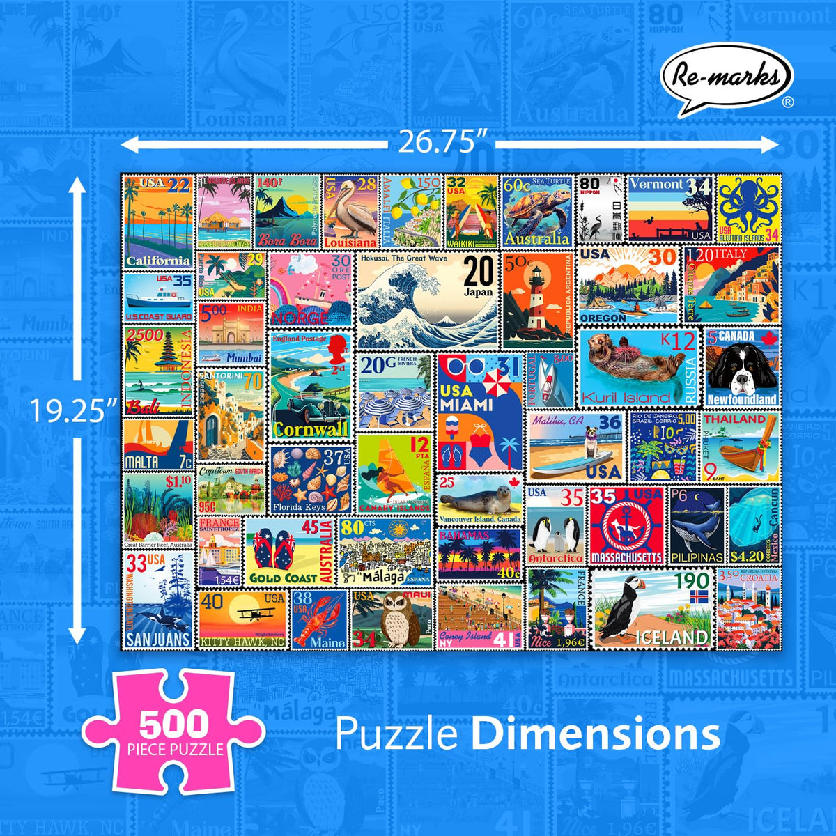 Re-Marks seaside destinations puzzle box art encourages mindful breaks from screens.