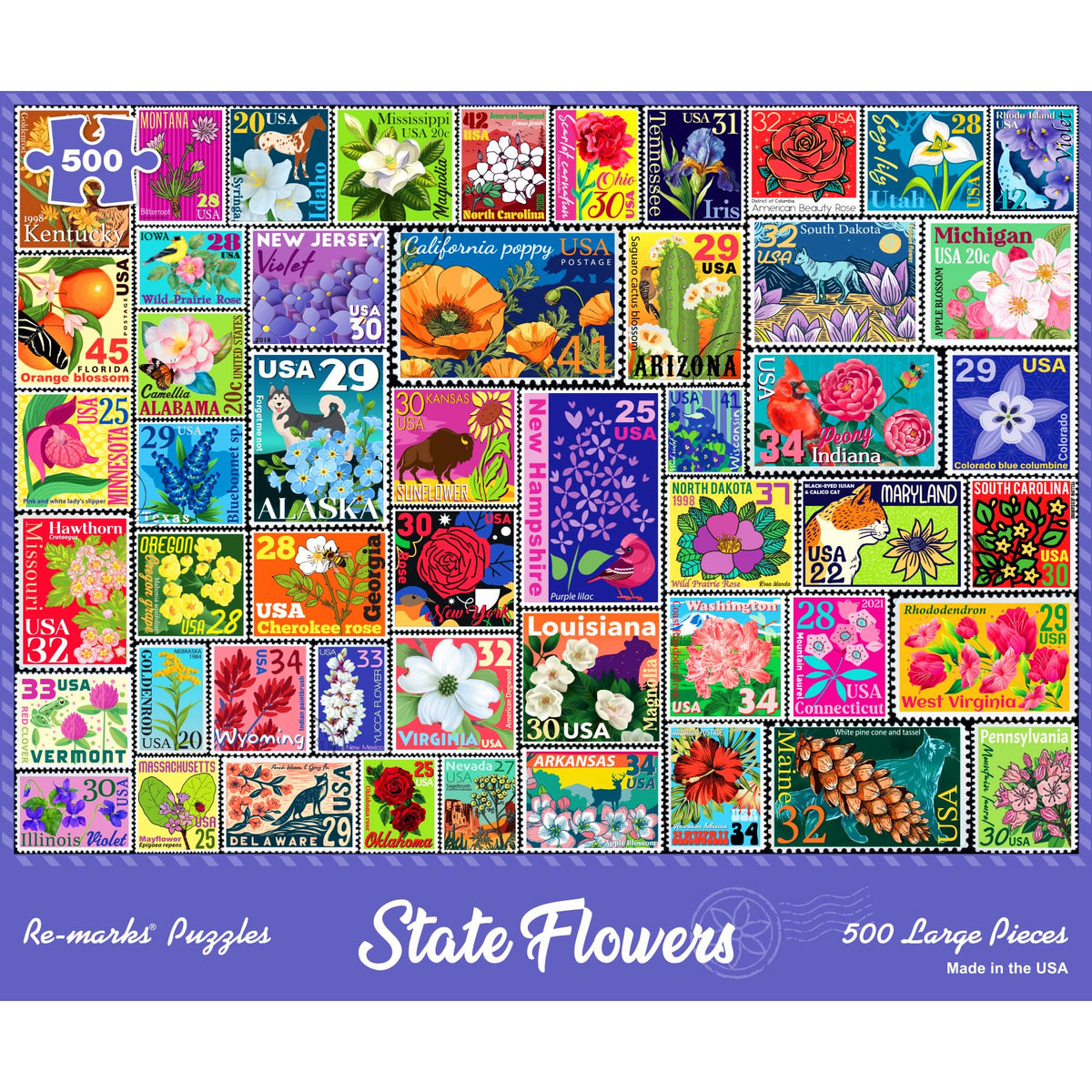 Re-Marks State Flowers puzzle cover with vibrant stamps for family puzzle night