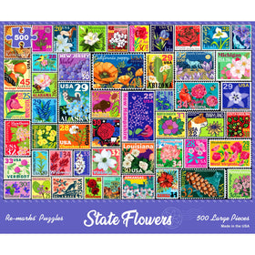 Re-Marks State Flowers puzzle cover with vibrant stamps for family puzzle night