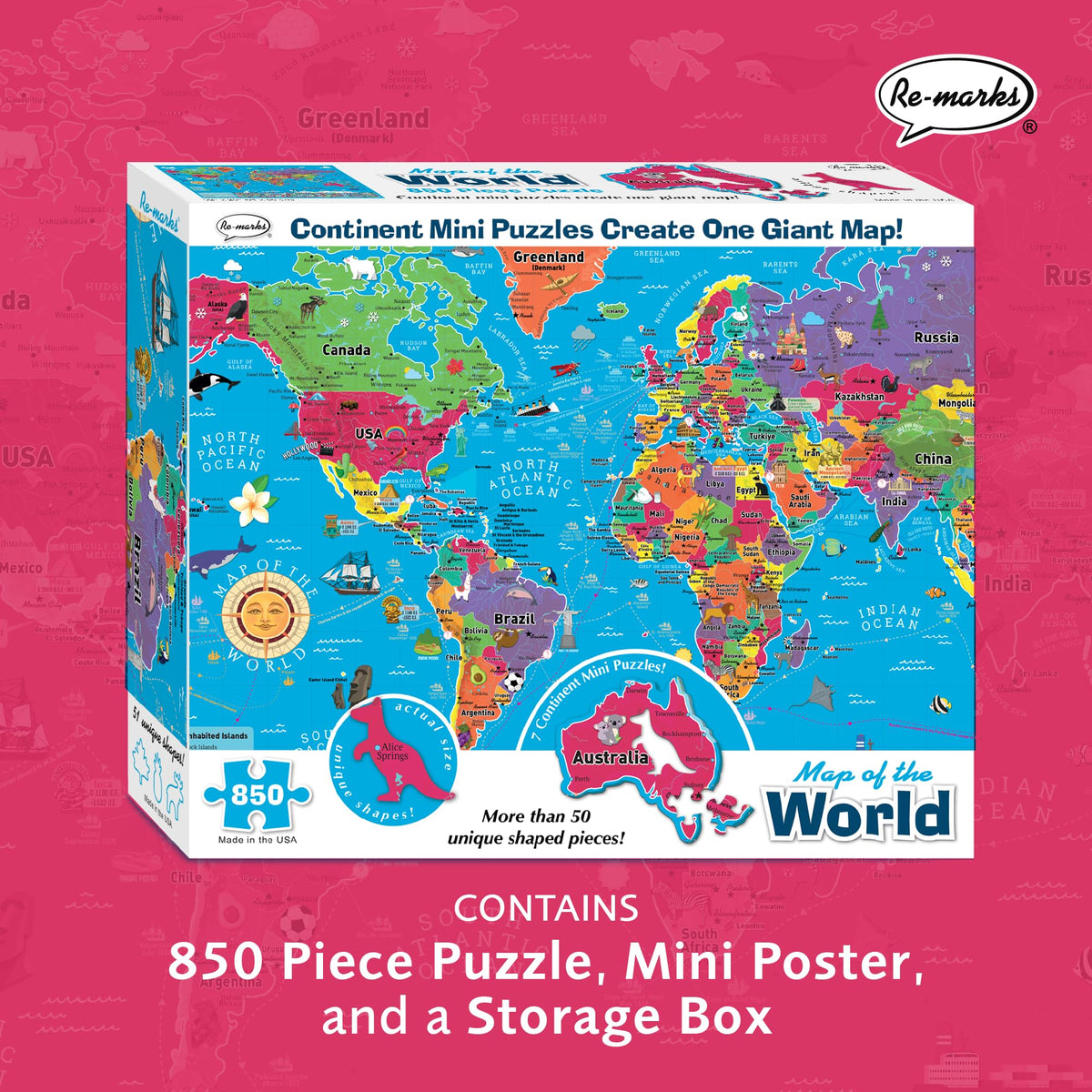 Re-Marks world map 850-piece puzzle showcases continents and interlocking whimsy pieces