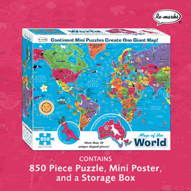 Re-Marks world map 850-piece puzzle showcases continents and interlocking whimsy pieces