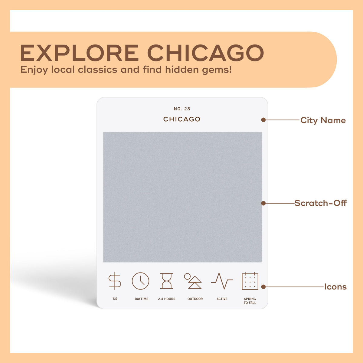 Reach International Outfitters Chicago scratch-off card detail shows how each card reveals a new adventure