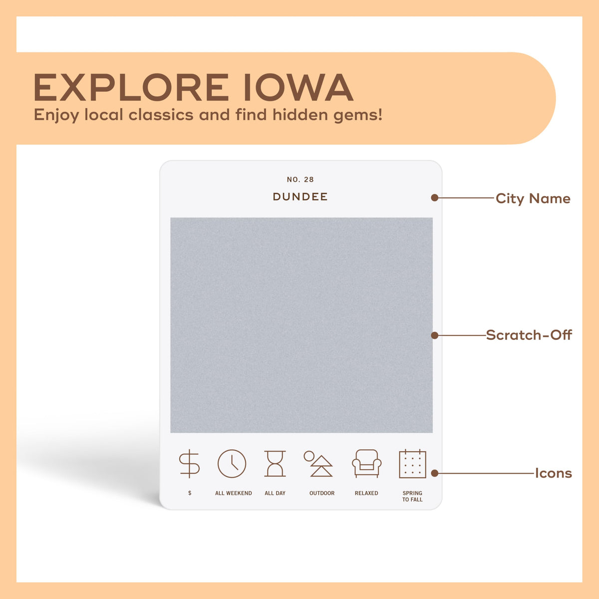 Reach International Outfitters Iowa scratch-off adventures panel with colorful icons for planning trips