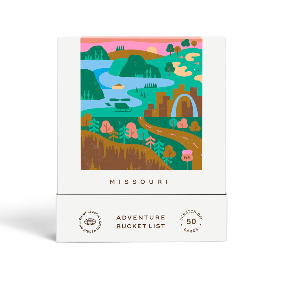 Reach International Outfitters Missouri adventure bucket list card with scratch-off planning feature.