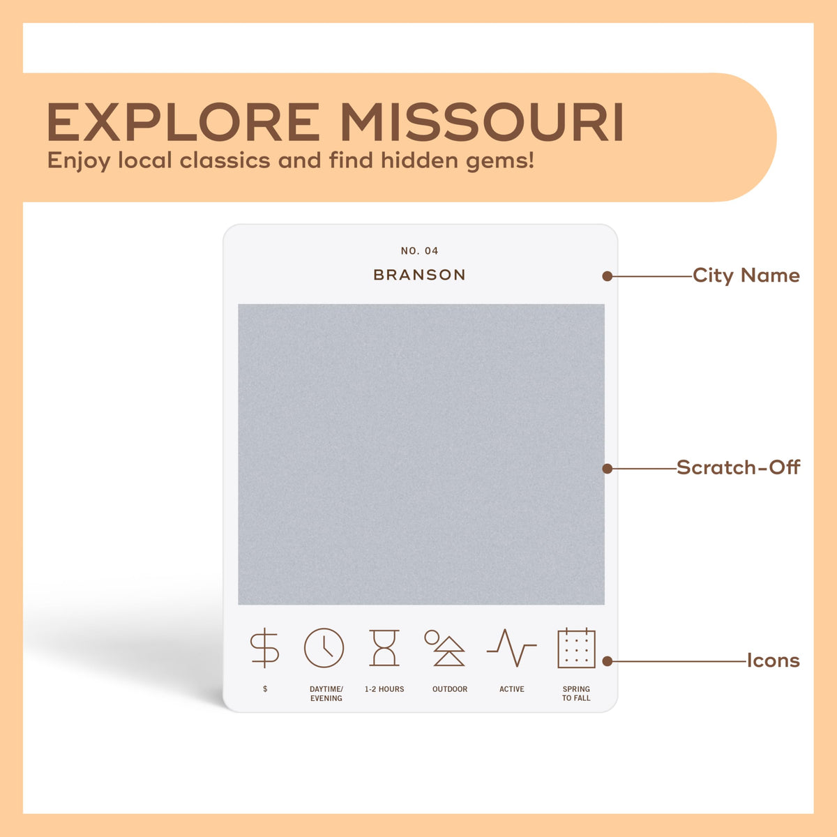 Reach International Outfitters scratch-off adventure card showing location, cost, and season details.