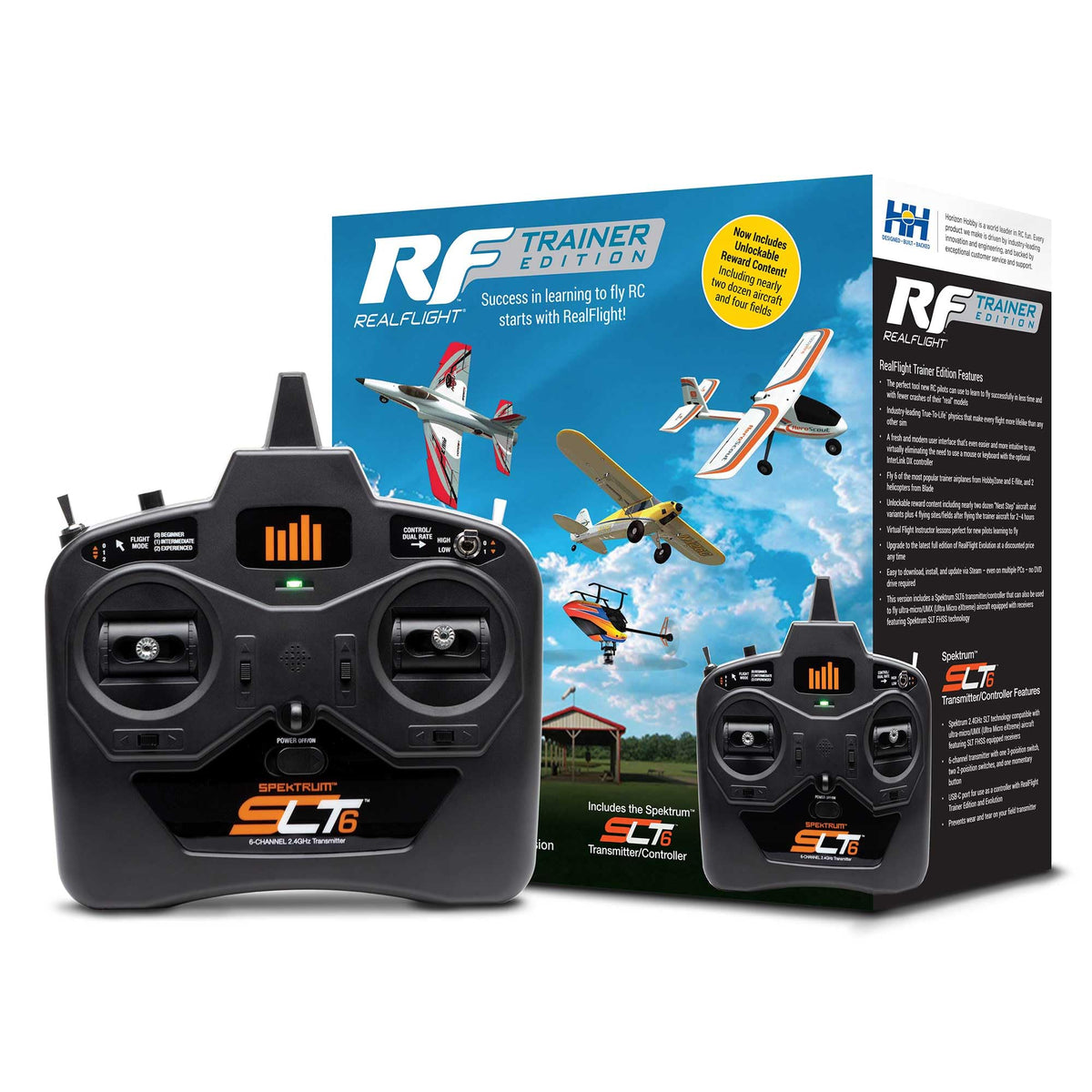 REALFLIGHT Trainer Edition with SLT6 transmitter for realistic RC practice.