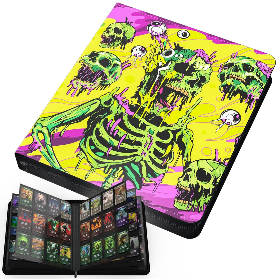 Realm Guard Melting Skulls binder front cover—bold style with rugged protection for cards.