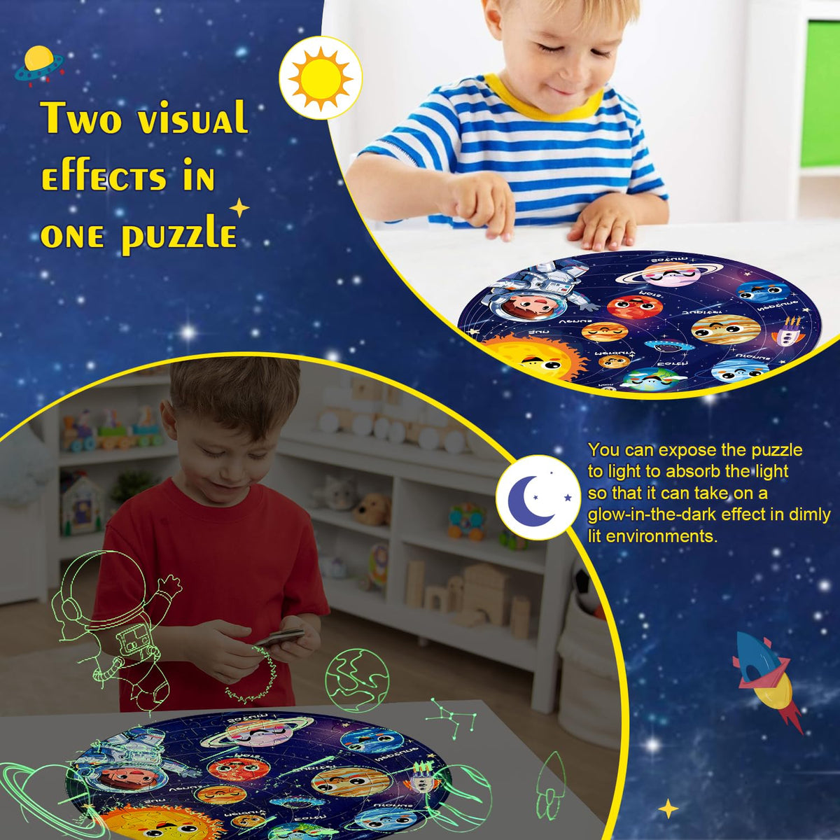 Realrindo glow-in-the-dark space puzzle glows softly for night-time exploration