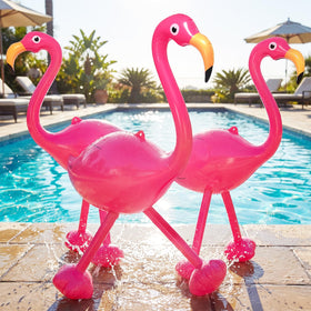 Realspring giant inflatable pink flamingo floats in a pool for tropical vibes