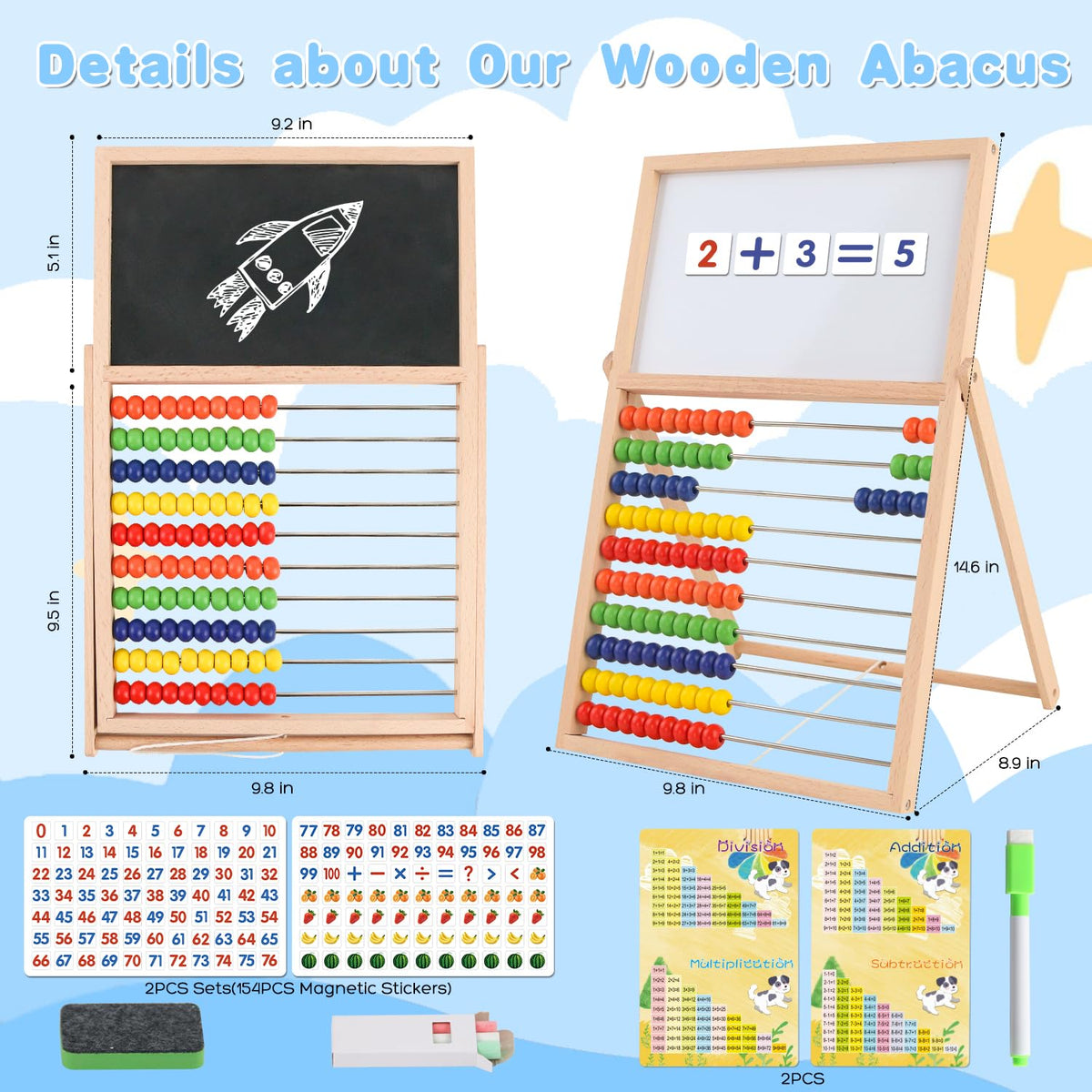 Receka wooden abacus with magnetic number cards 0 to 100 for hands on counting