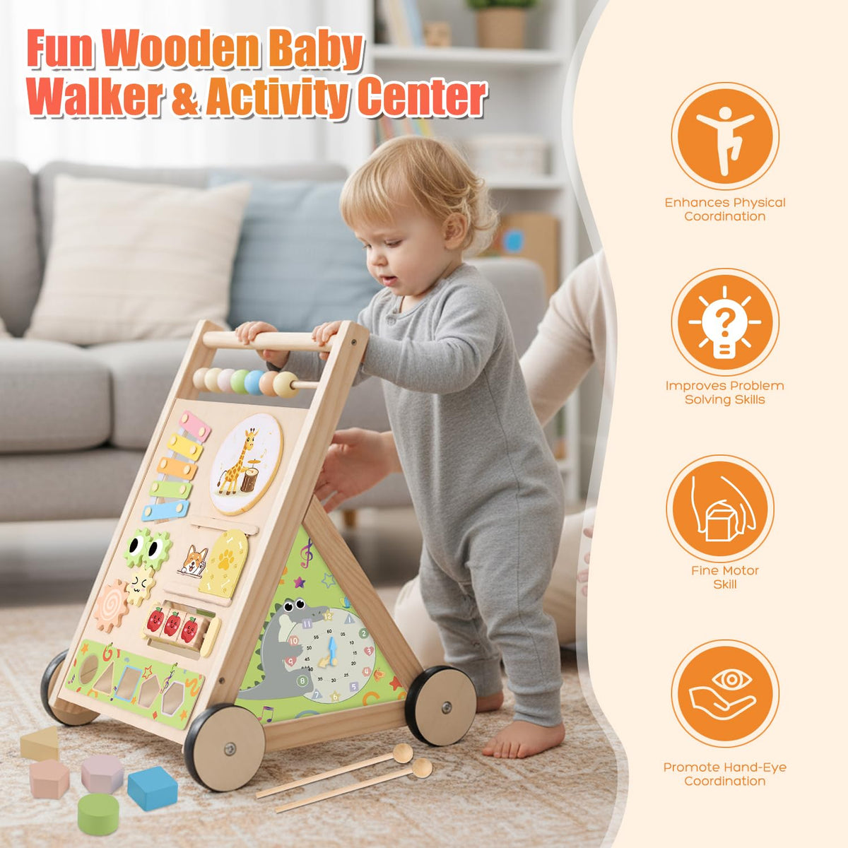 RECEKA wooden baby walker back storage space keeps toys within reach.
