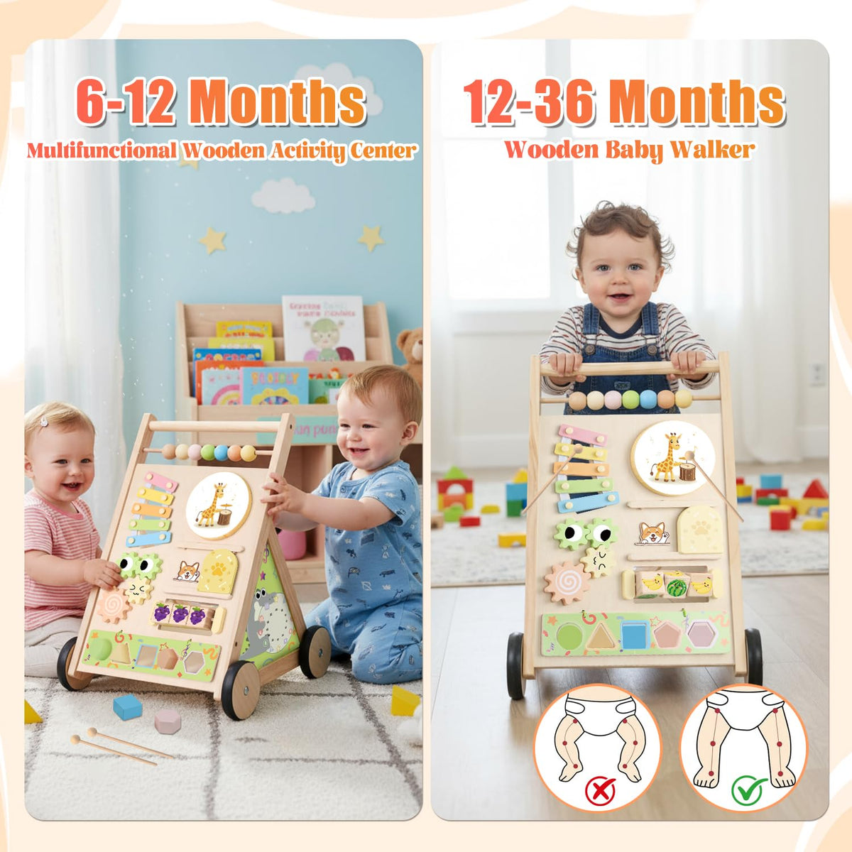 RECEKA wooden baby walker clock fruit tree activity fosters sequencing and memory.