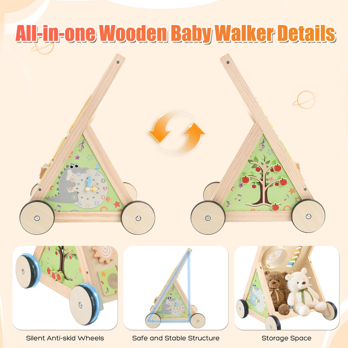 RECEKA wooden baby walker mirror flip blocks encourages self exploration and curiosity.