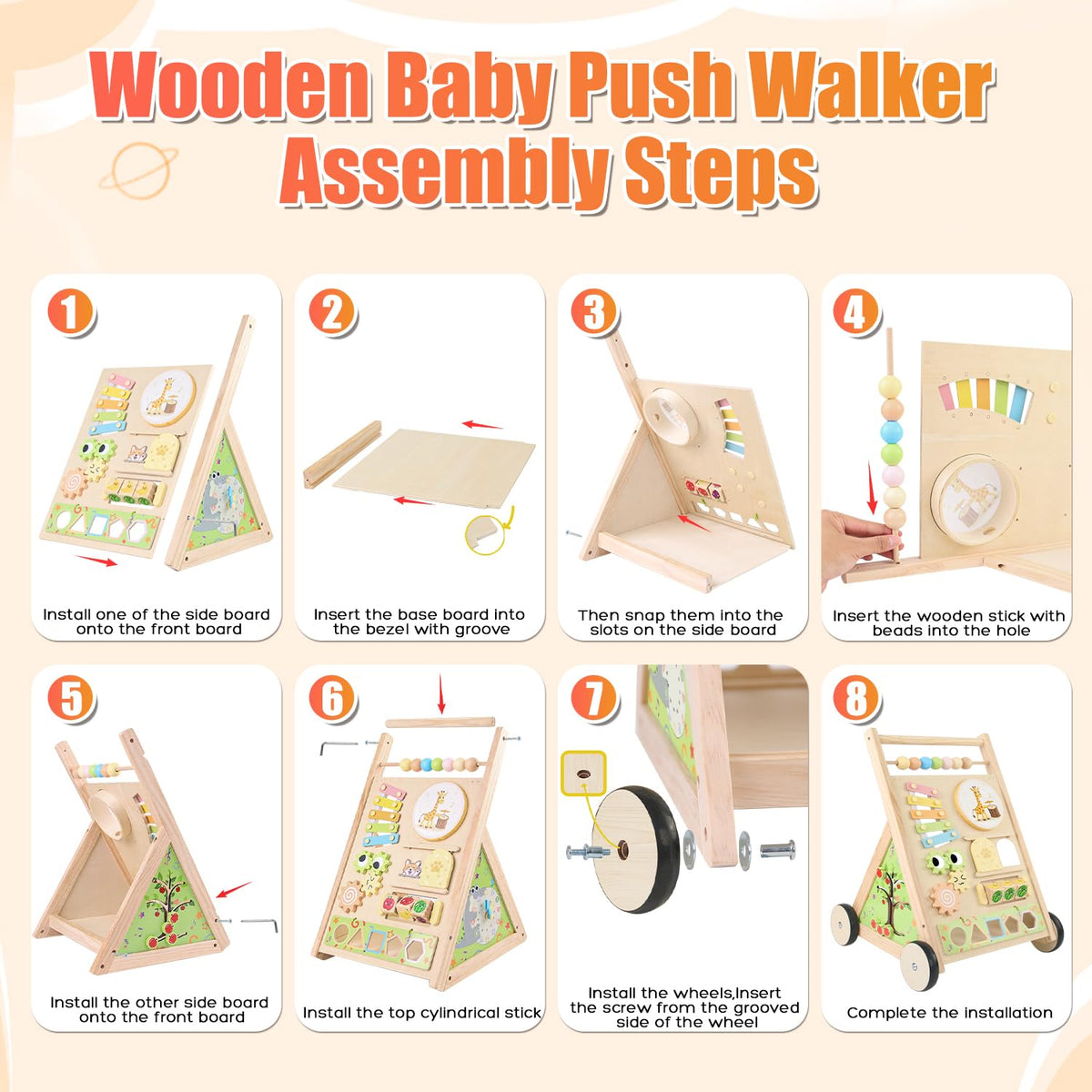 RECEKA wooden baby walker shape sorters blocks develops color and shape recognition.
