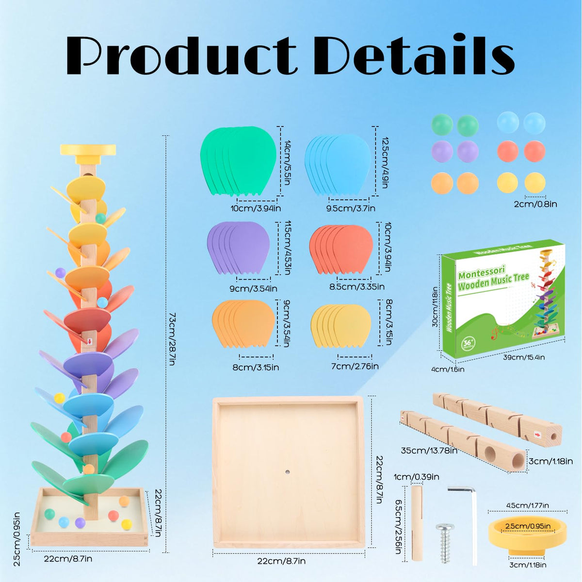 Receka wooden marble run leaves close-up shows color sorting potential
