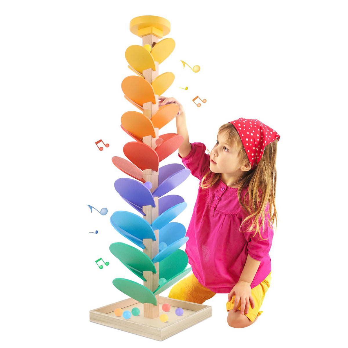 RECEKA wooden marble run leaves showing vibrant colors for color recognition and focus