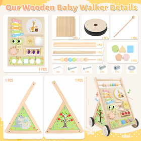 RECEKA wooden walker activity center includes mirror, drum, and beads for sensory play