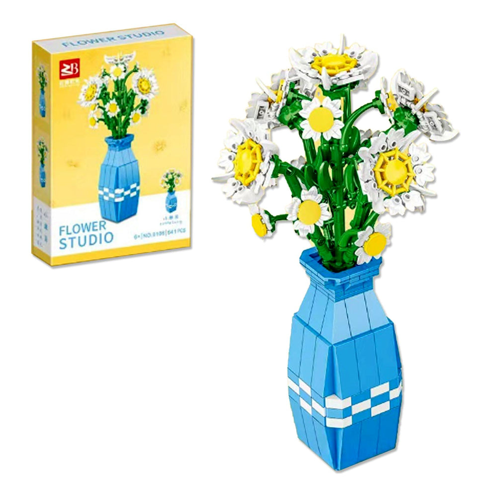 RECROQUO Daisy building set with vase featuring bright artificial flowers for home décor.