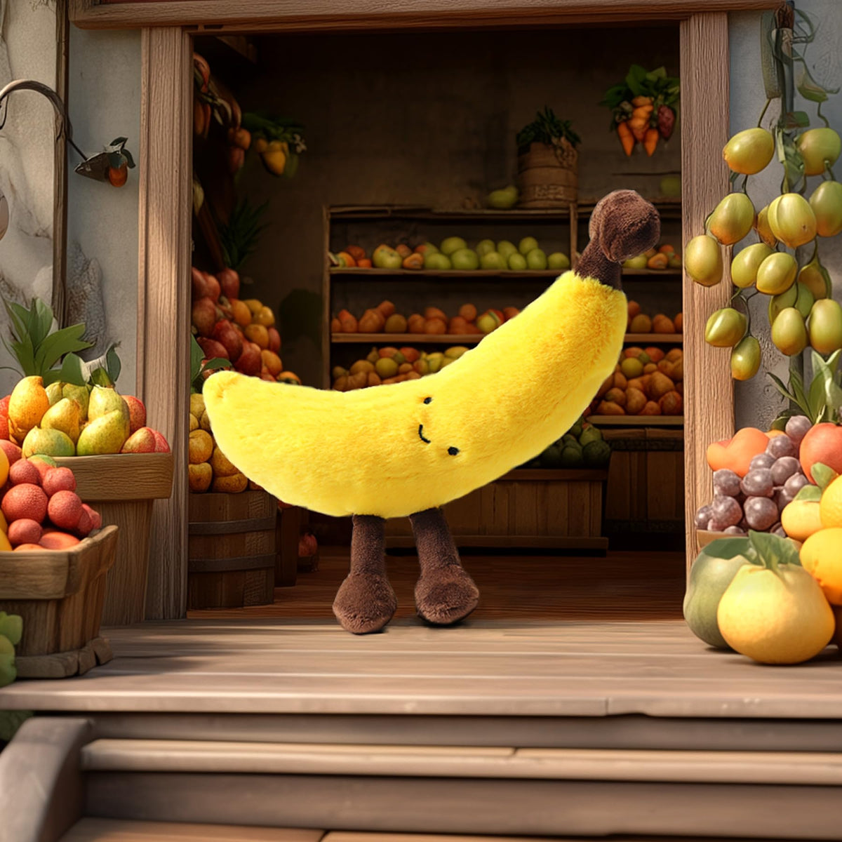 RECUR banana plush 12-inch travel size, portable for cuddling on the go.
