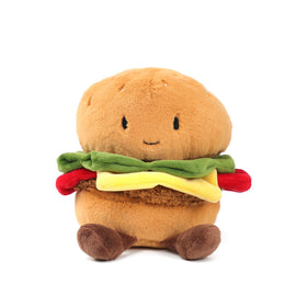 RECUR hamburger stuffed animal front view, a soft cuddly companion for kids and adults.