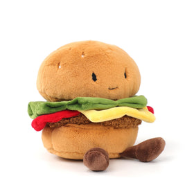 RECUR hamburger stuffed animal side view, portable and comforting friend.