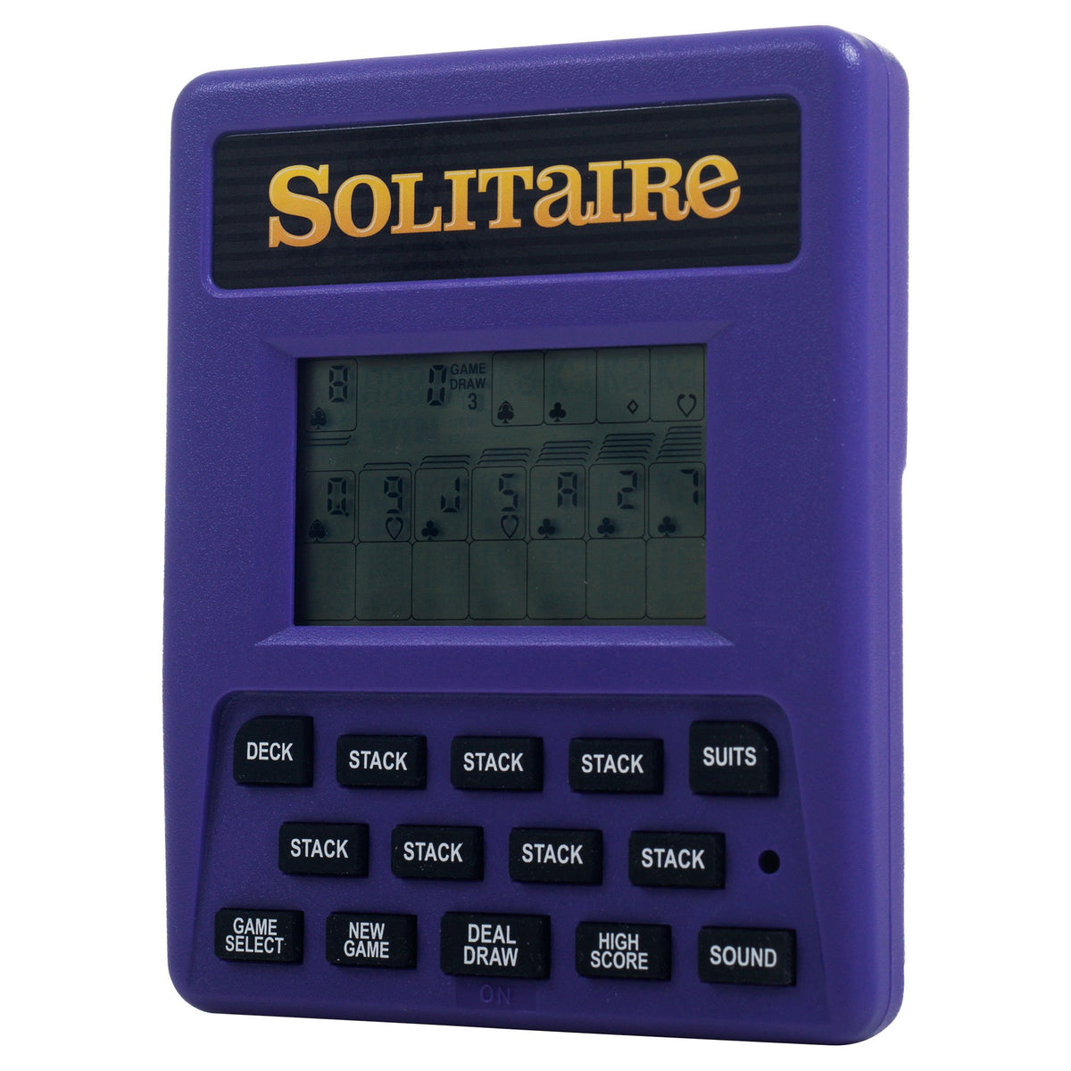 RecZone Trademark Poker handheld solitaire purple side view, portable entertainment.