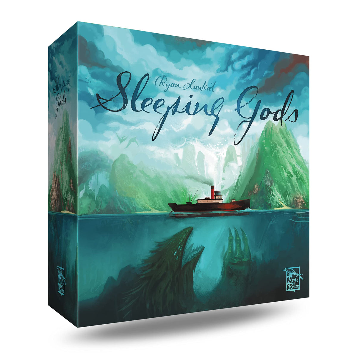 Sleeping Gods cover art by Red Raven featuring the Manticore at sea.