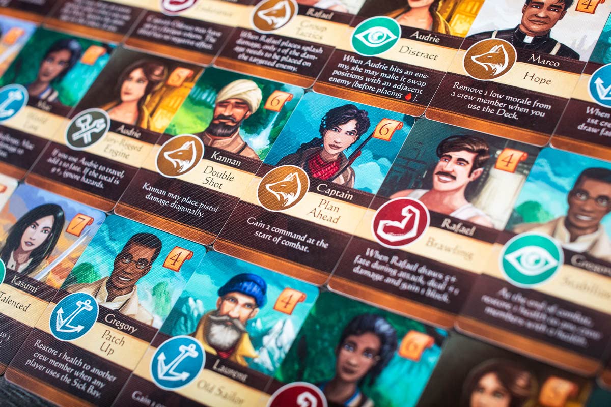 Crew health tokens and resource counters ready for strategic planning.