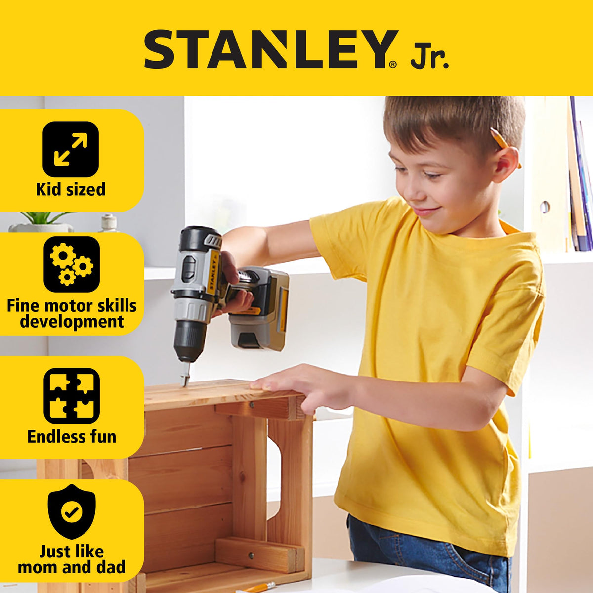Red Toolbox kid-friendly drill activates realistic sounds for engaging playtime.