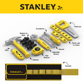 Red Toolbox Stanley Jr. kids tool set with measuring tape for educational pretend play.