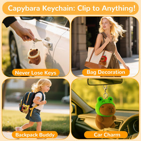 Colorful backpack charm: capybara plush keychain enhances school bags.