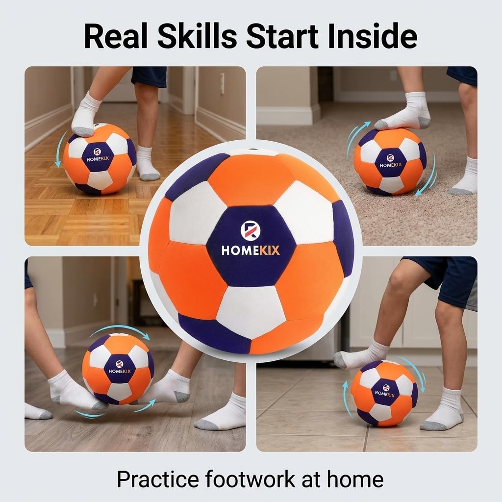 Redfield HomeKix Size 4 ball on hardwood floor, non-marking surface protects floors.