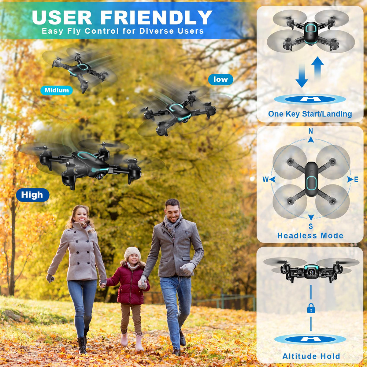 REDRIE altitude hold keeps a steady hover for beginner-friendly control.