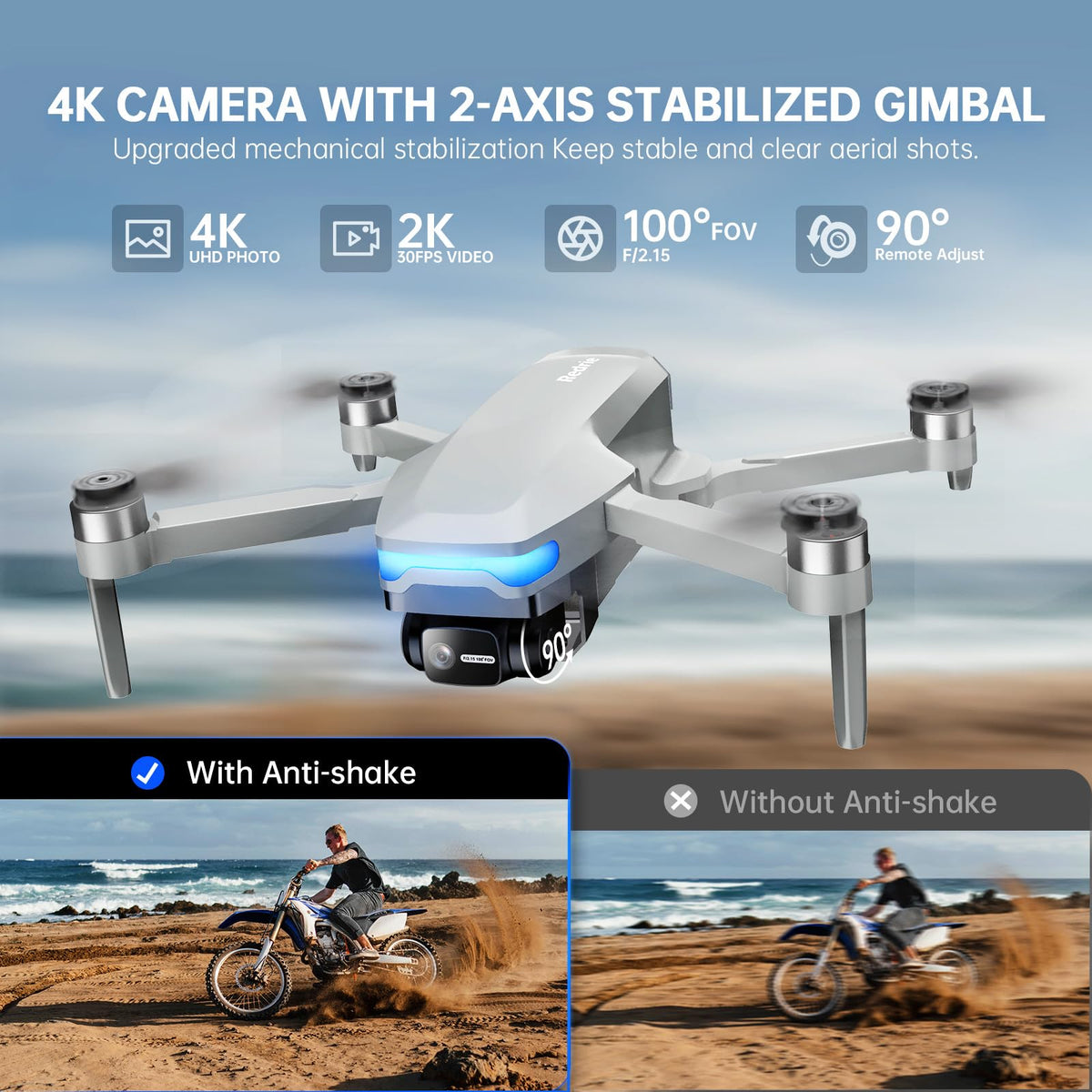 REDRIE drone with 2-axis gimbal stabilizing footage for smooth shots